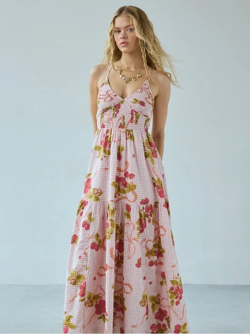 Kimchi Blue - Pink Floral Gingham Maxi Dress - Size S